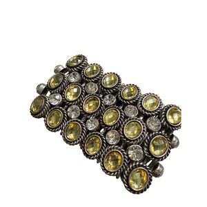 Vintage style Yellow Clear Crystal Antiqued Silver Tone Wide Stretch Bracelet